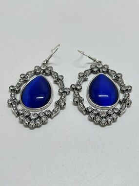 Silver, Blue Glass And Clear Crystal Fancy Dangly Earrings, Wires